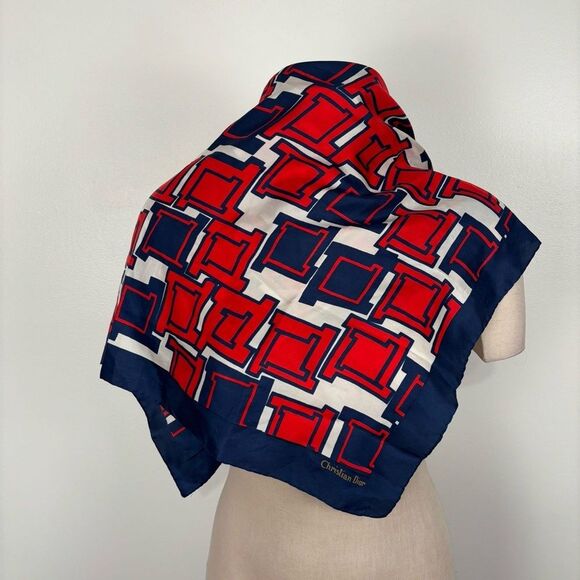 VTG Christian Dior Red White & Blue Silk Scarf Made in Italy - Picture 10 of 10